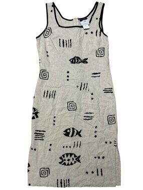 Vintage GRANITE Sleeveless Beige Tank Dress with Black Fish Print Size 9